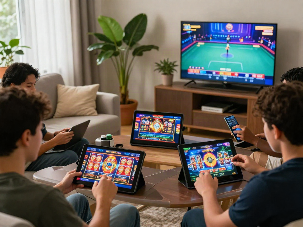 Exciting players enjoying casino online games in a cozy living room setting, showcasing engaging gameplay.