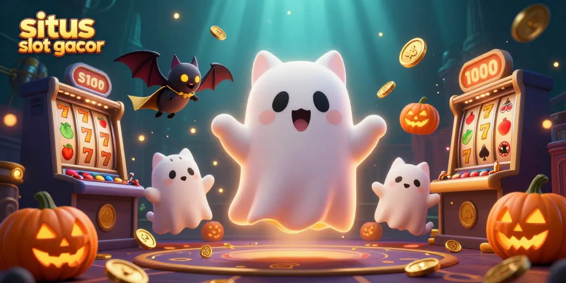situs slot gacor shines with a 3D ghost cat and vibrant gaming elements in a haunted casino