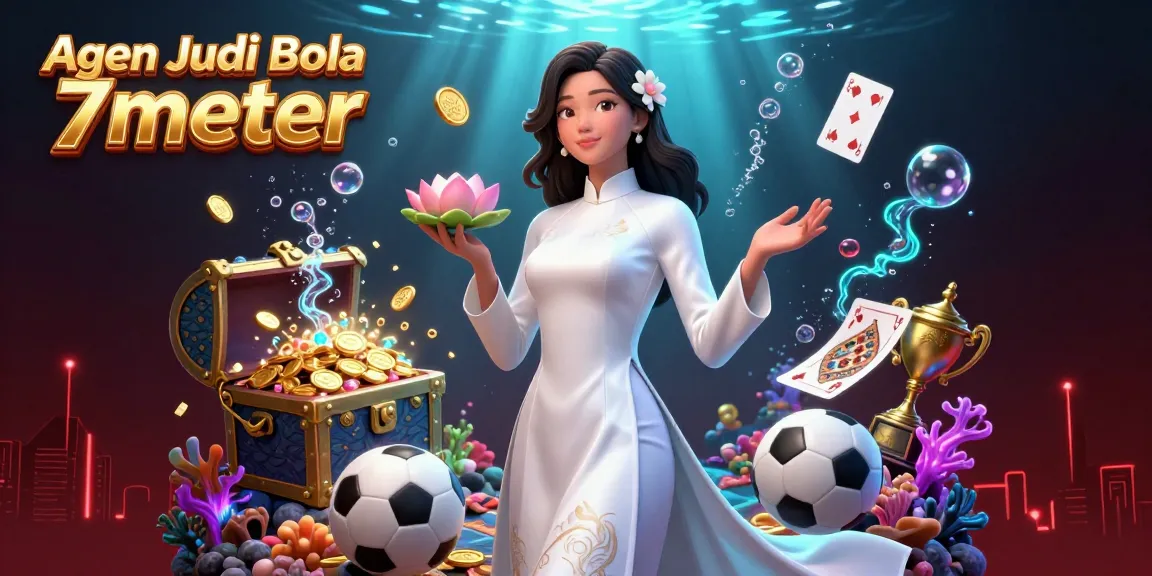 Agen Judi Bola 7meter showcases a dynamic sports betting scene with an Asian woman holding symbols of fortune.