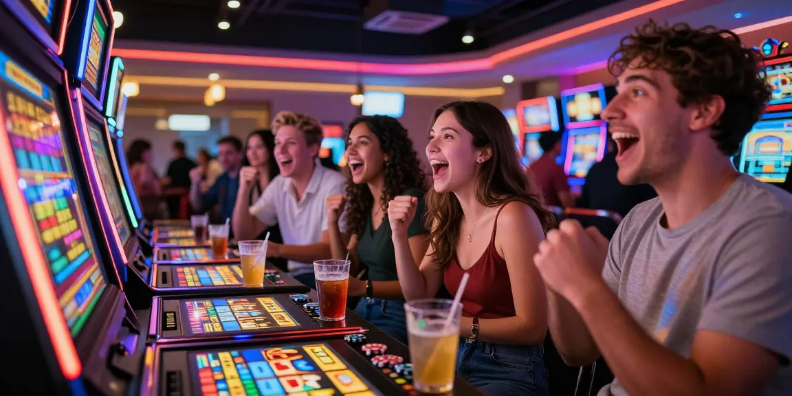 Friends excitedly playing a slot machine in a lively casino setting, showcasing the thrill of gaming.