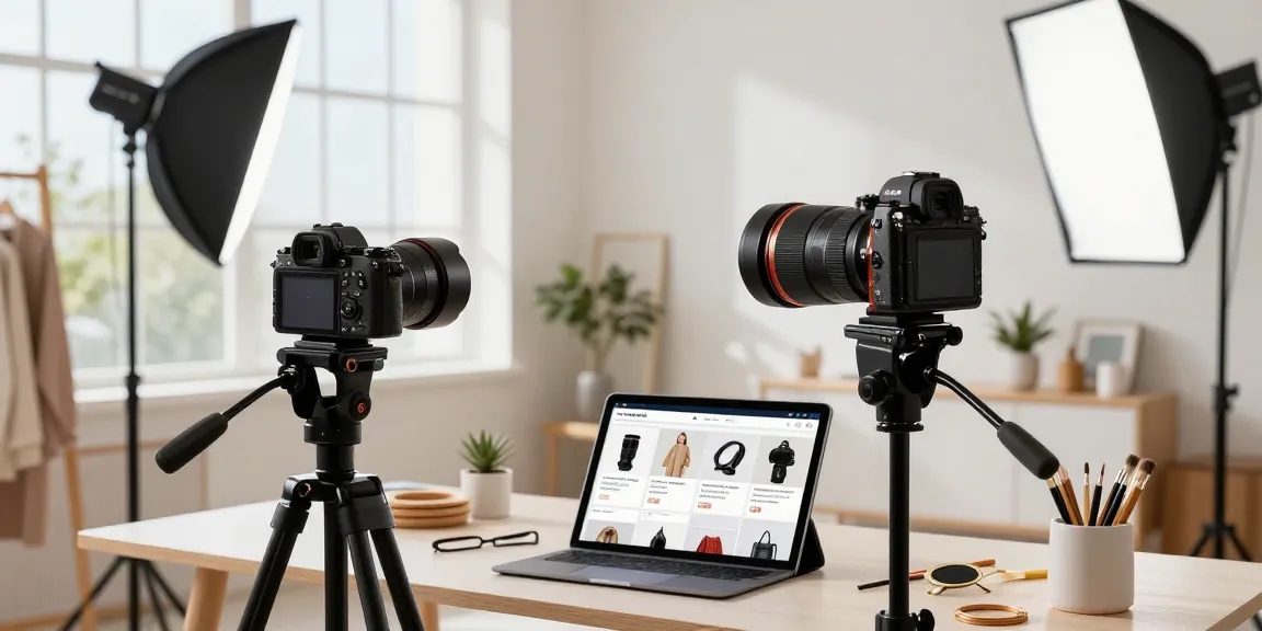 Services photographiques ecommerce pour produits en ligne avec un photographe professionnel réglant l'éclairage.
