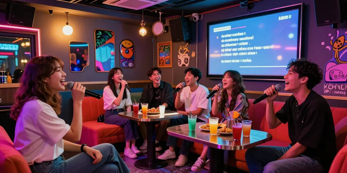 Experience 강남가라오케 with friends singing in a vibrant bar setting, showcasing lively entertainment.