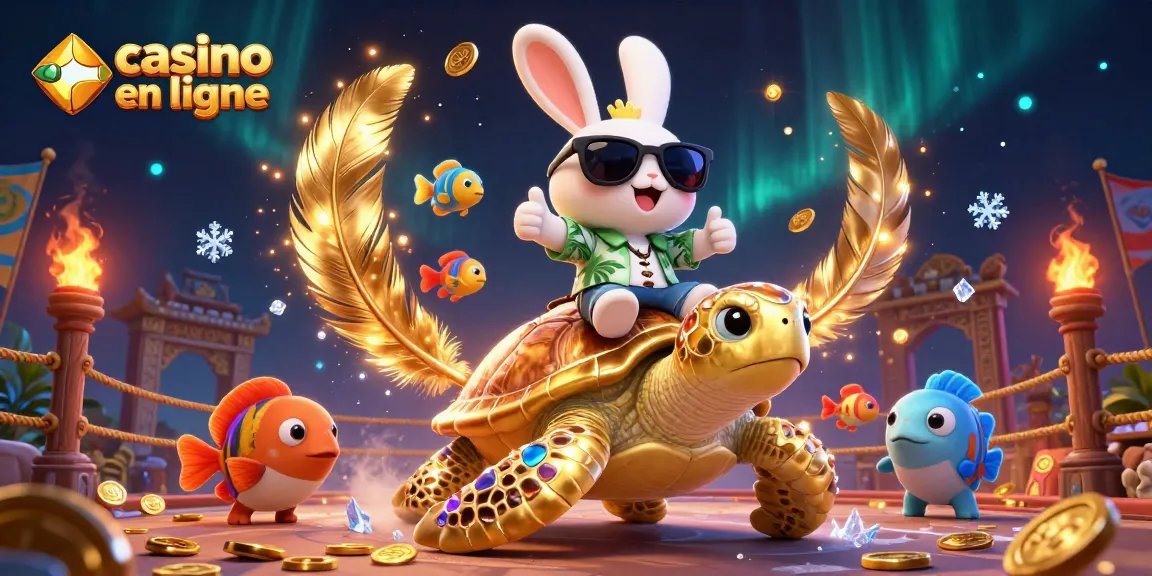 Jouez à des jeux de casino en ligne avec un lapin heureux et une tortue dorée parmi des fonds magiques.