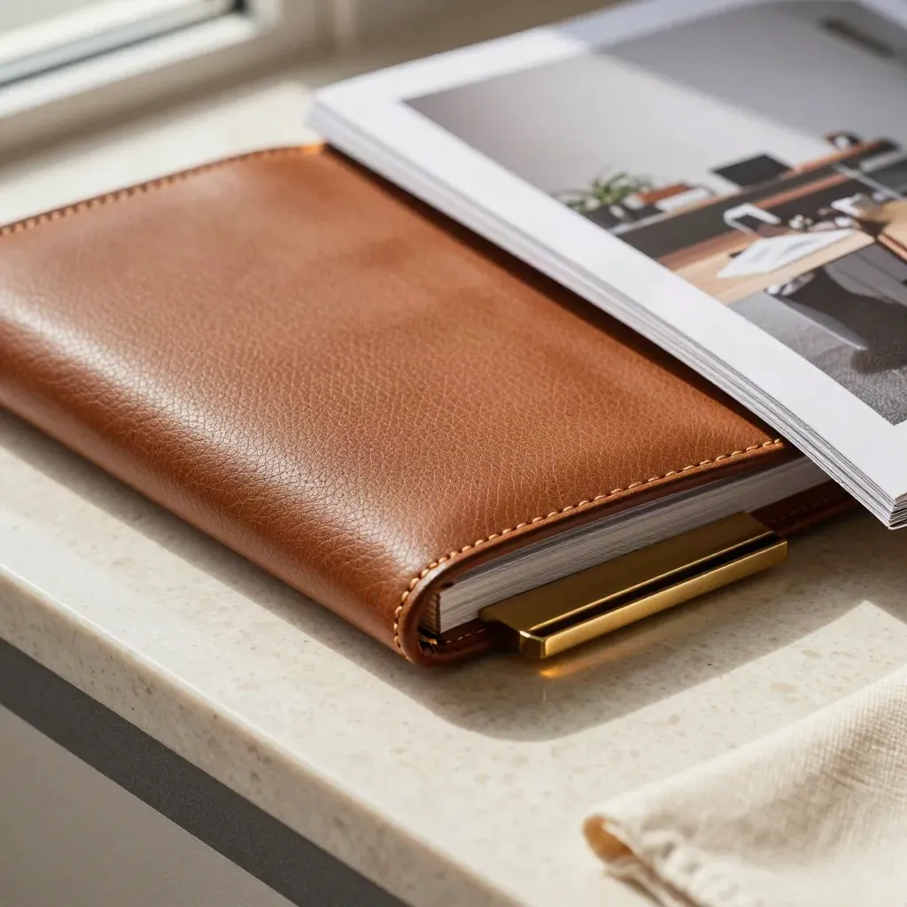 Leather portfolio, brass stand, and blurred office print in warm window light.