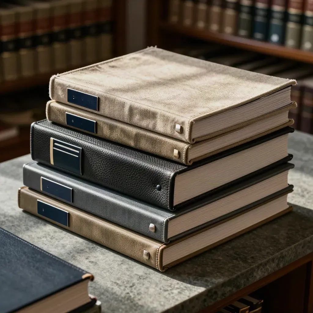 Three law firm dossier stacks ranked on a slate archive counter under moody light.