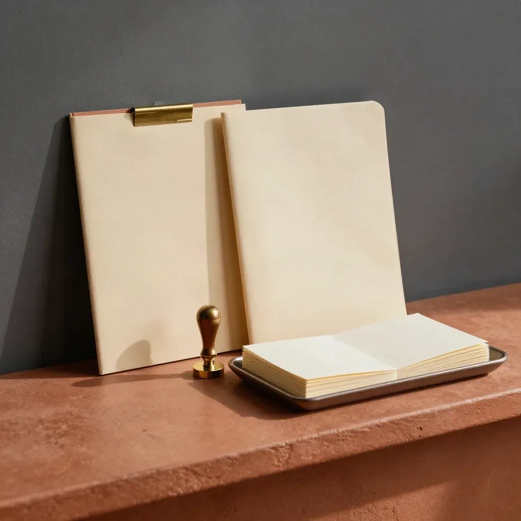 Legal intake folders, brass stamp, and blank cards on a terracotta shelf