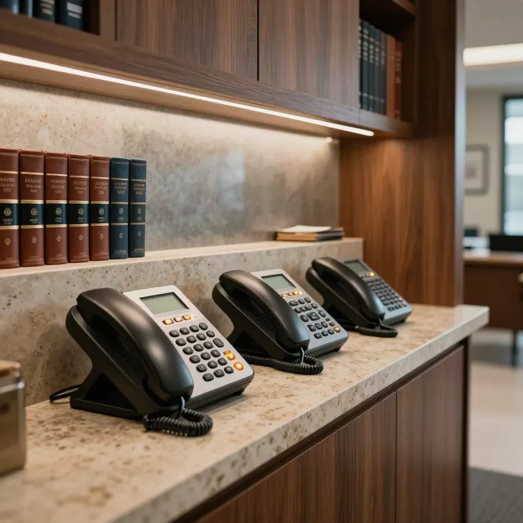 Law office reception nook with glowing phones and legal directories, warm and polished.