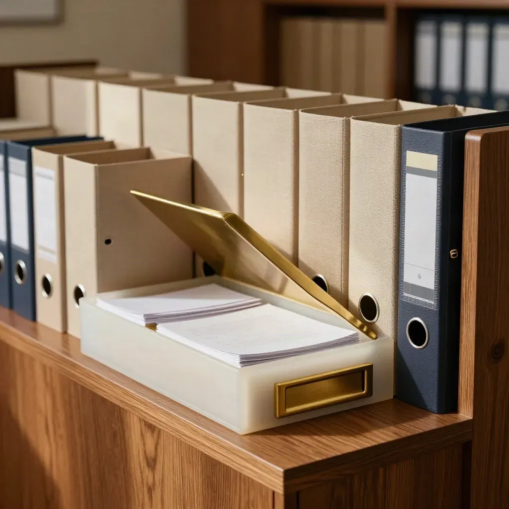Law office records corner with archive boxes, intake trays and brass mail slot