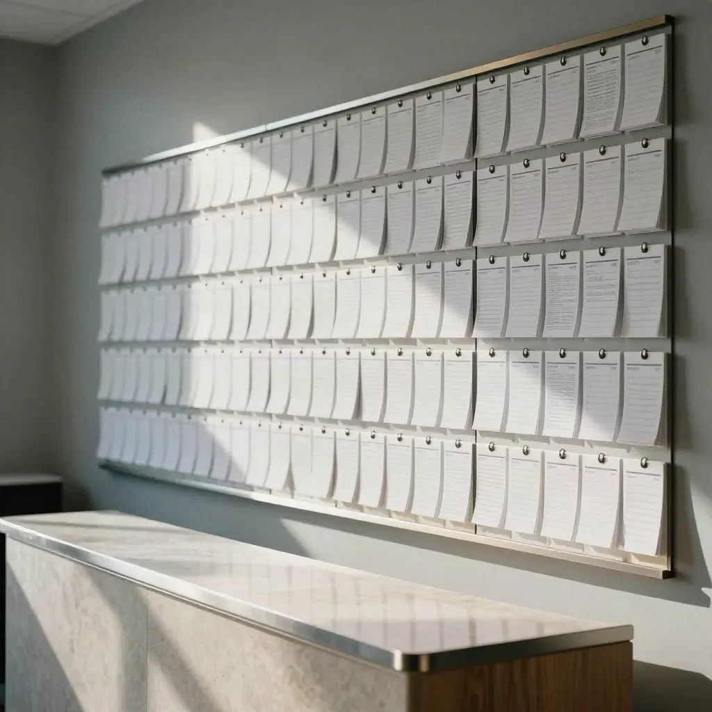 Book-filled appointment wall beside a polished check-in counter in a moody law office.