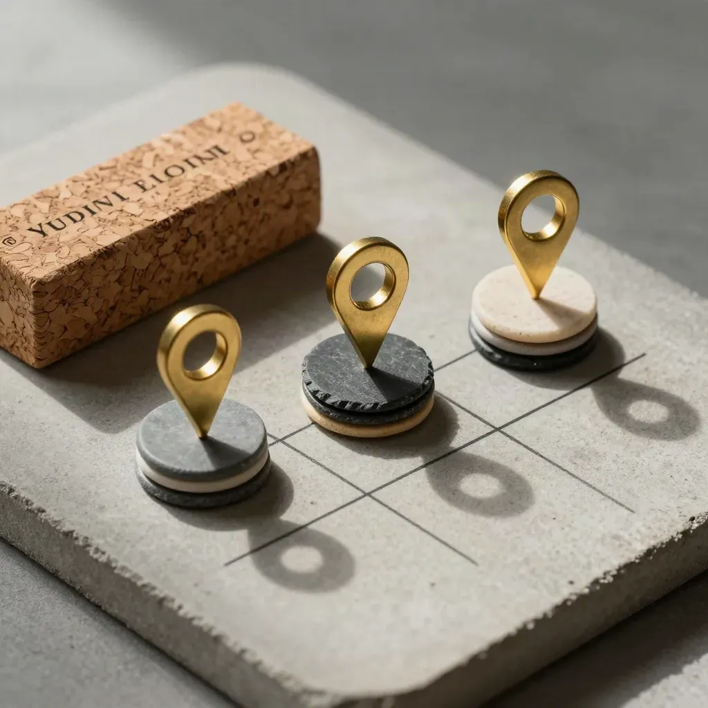 Brass location pins and slate chips on a cork-backed block for legal search filtering.