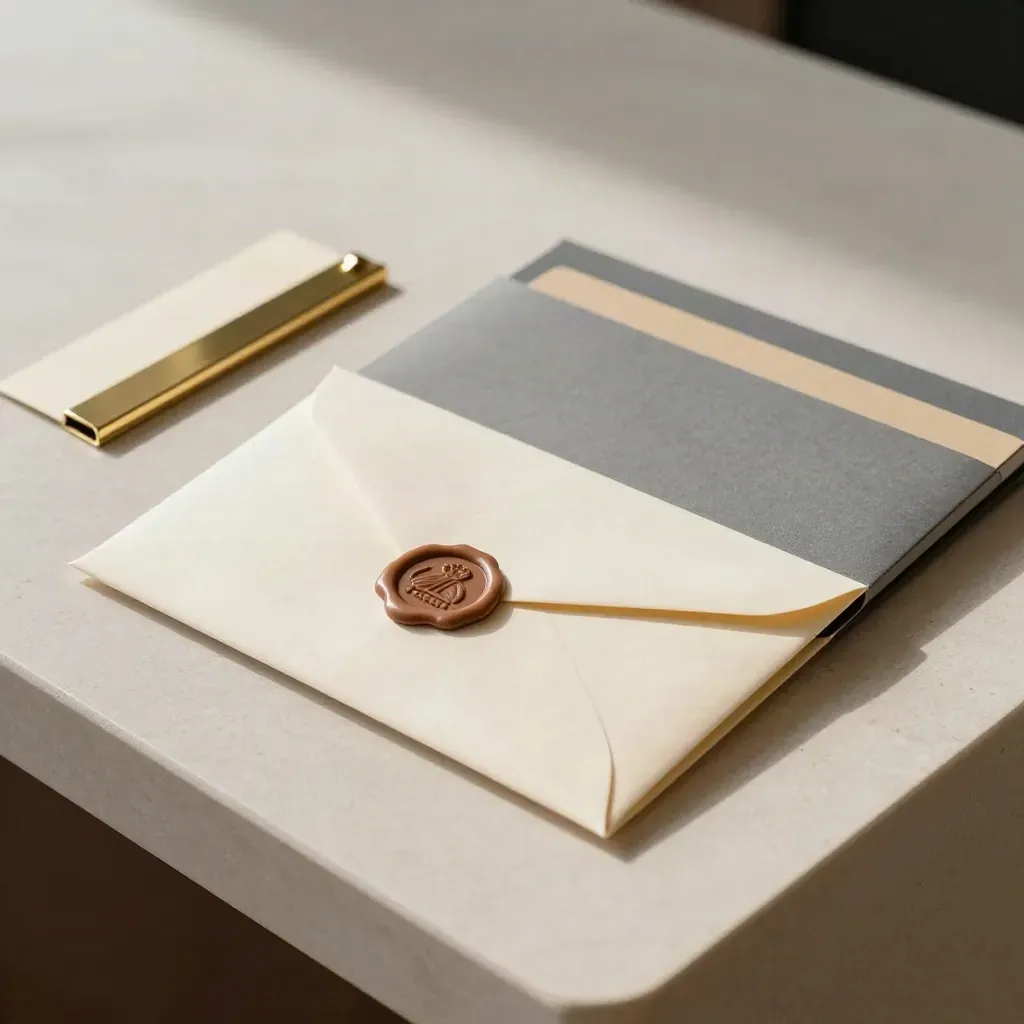 Sealed envelope, folder tabs, and gold clip on pale stone, top-down.