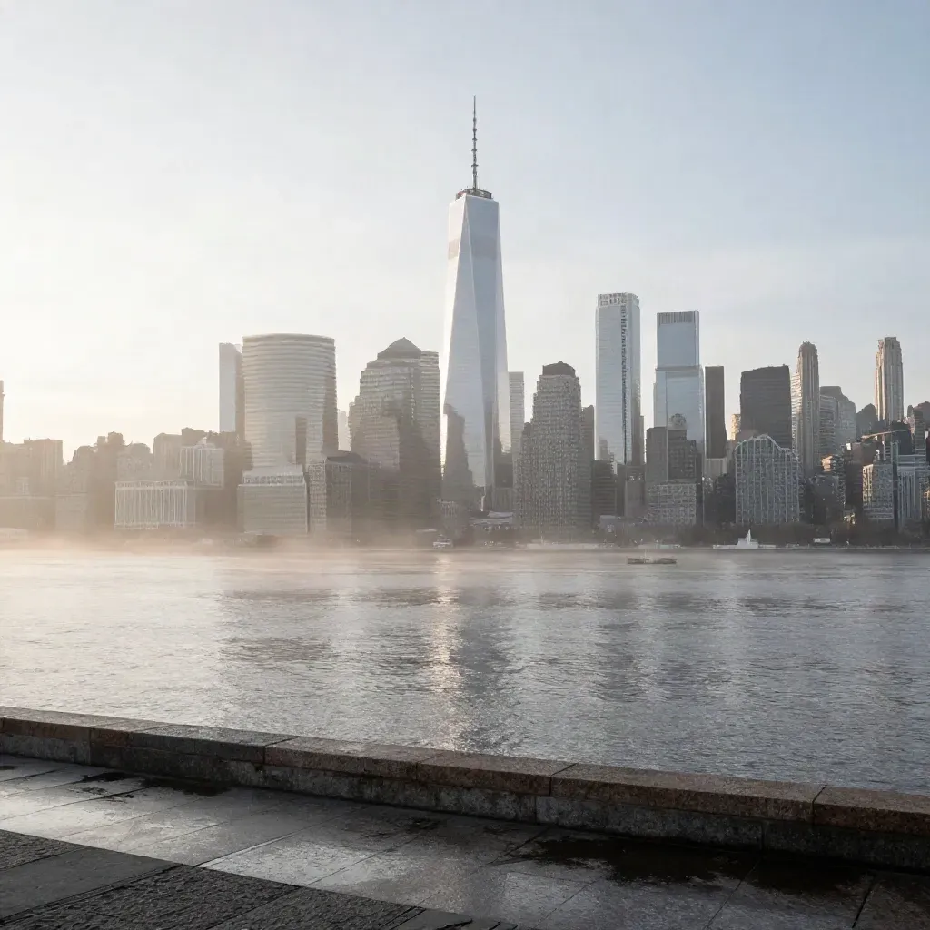 Hazy Manhattan skyline over the Jersey waterfront at dawn