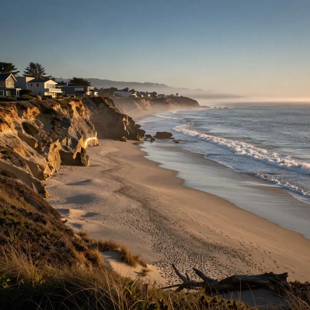 Golden-hour California coast with cliffs, modern homes, surf, and hazy ocean horizon