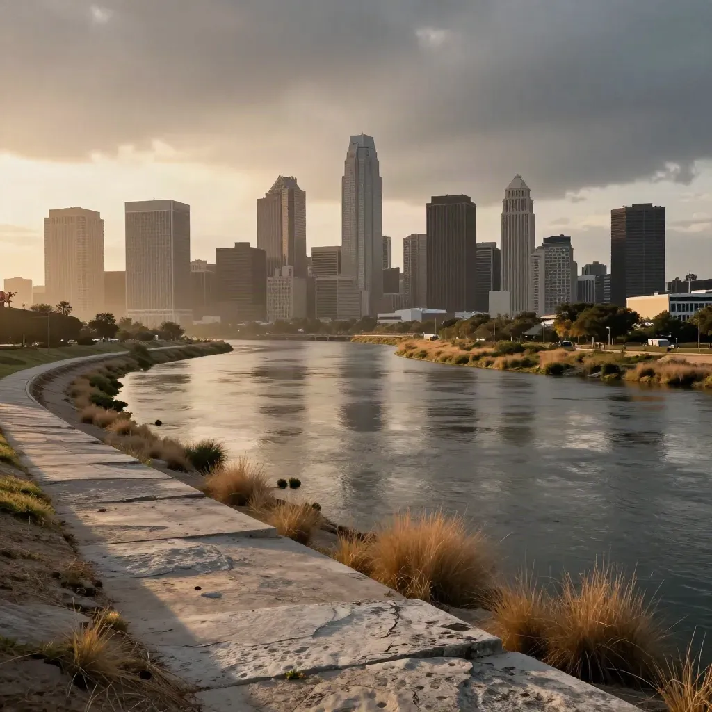 Texas skyline above a river bend at sunset with storm clouds and open floodplain