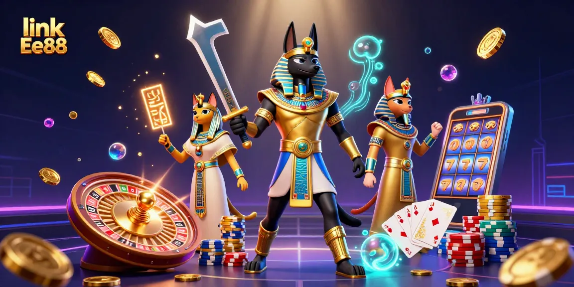 Win big with link Ee88 featuring Anubis and Bastet in an energetic casino scene.