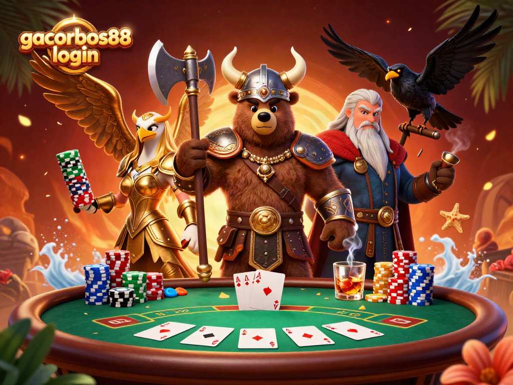 Experience the excitement of gacorbos88 login with a dynamic Viking bear and fierce Valkyrie in this illustration.