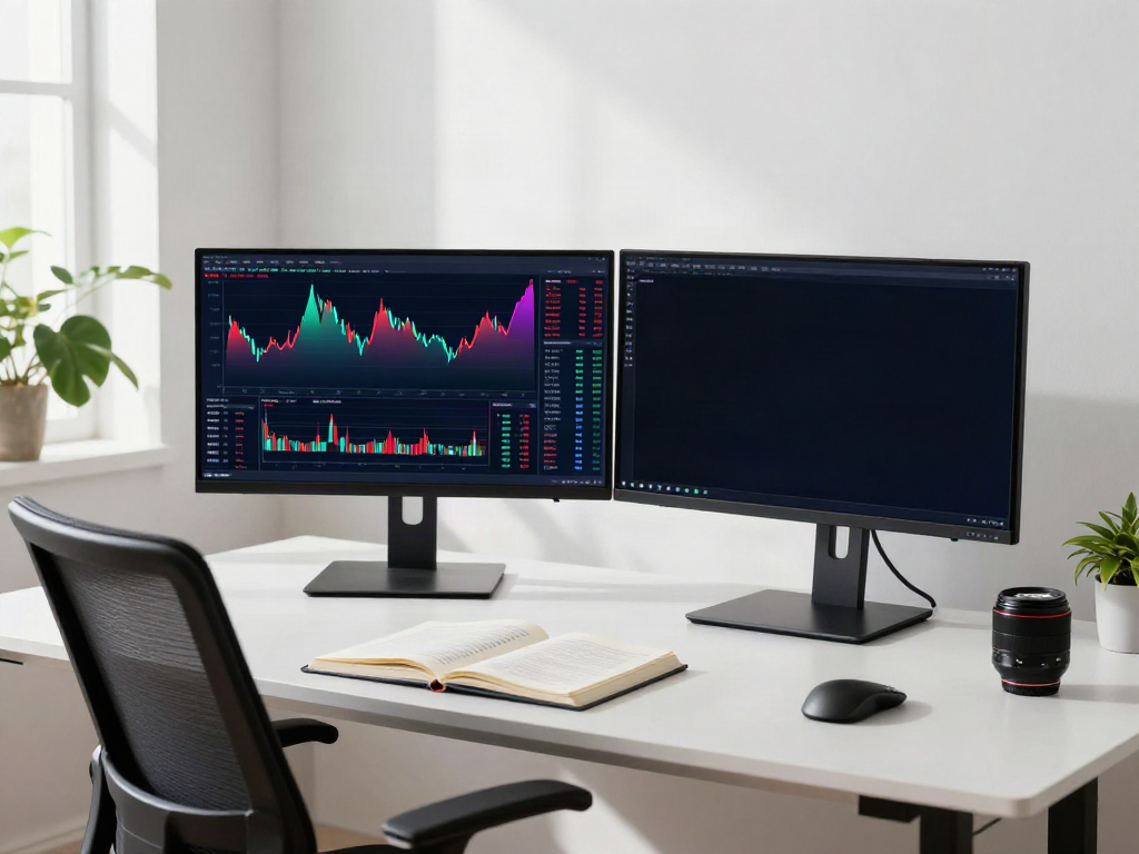 A股行情接口 analysis in a modern crypto trading workspace with dual monitors and a laptop showing technical charts.