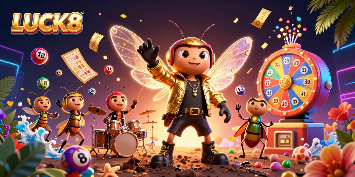 Experience the excitement of LUCK8 as vibrant lottery balls, a golden prize wheel, and energetic characters create a dynamic casino atmosphere.