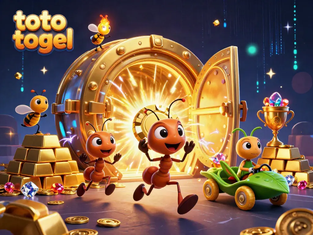 Engage in the thrilling world of toto togel with a whimsical heist scene featuring cartoon ants, golden chips, and treasures.