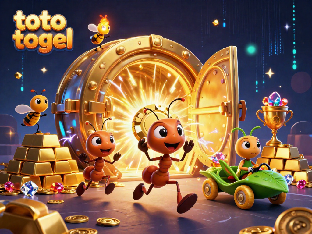 Engage in the thrilling world of toto togel with a whimsical heist scene featuring cartoon ants, golden chips, and treasures.