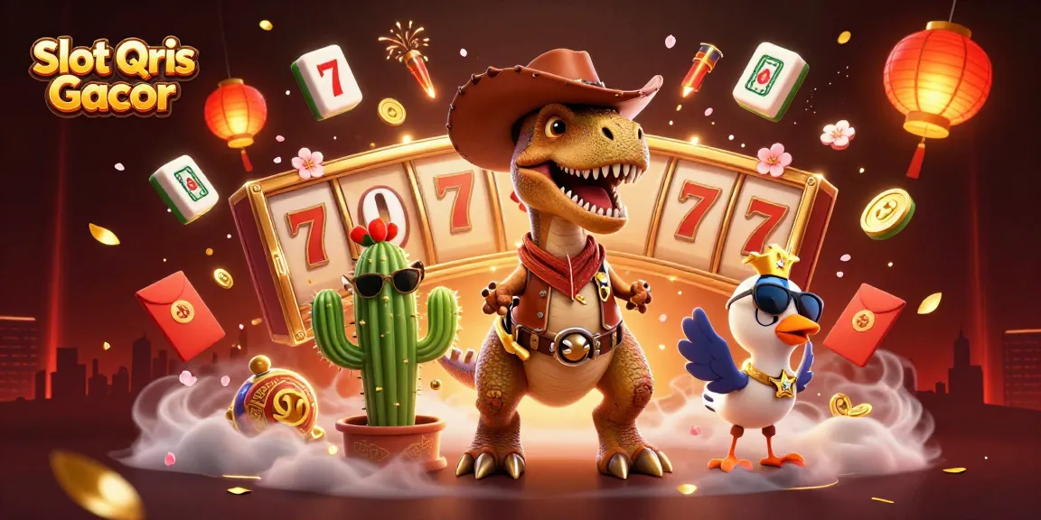 Experience the excitement of Slot Qris Gacor with a vibrant 3D illustration featuring a dinosaur and casino elements.