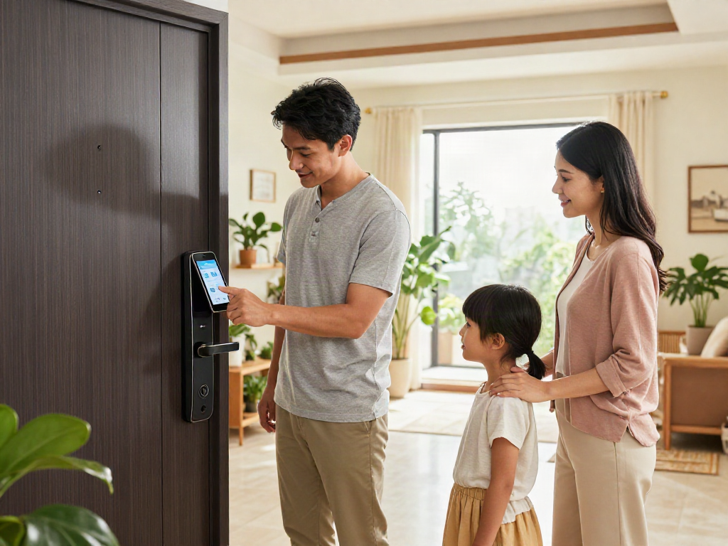 خرید قفل هوشمند scene showcasing a family using a smart lock, emphasizing safety and modern home technology.