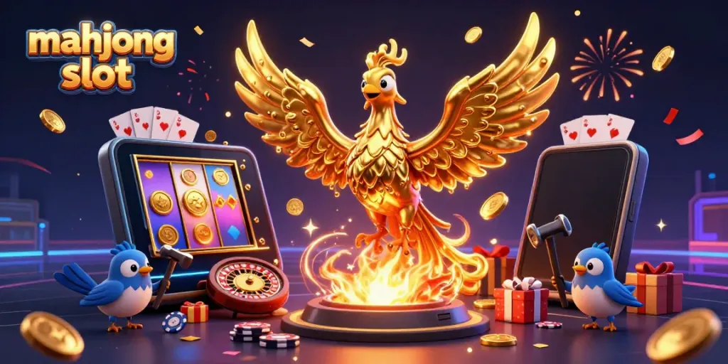 Experience the excitement of mahjong slot with a vibrant 3D phoenix and casino elements.