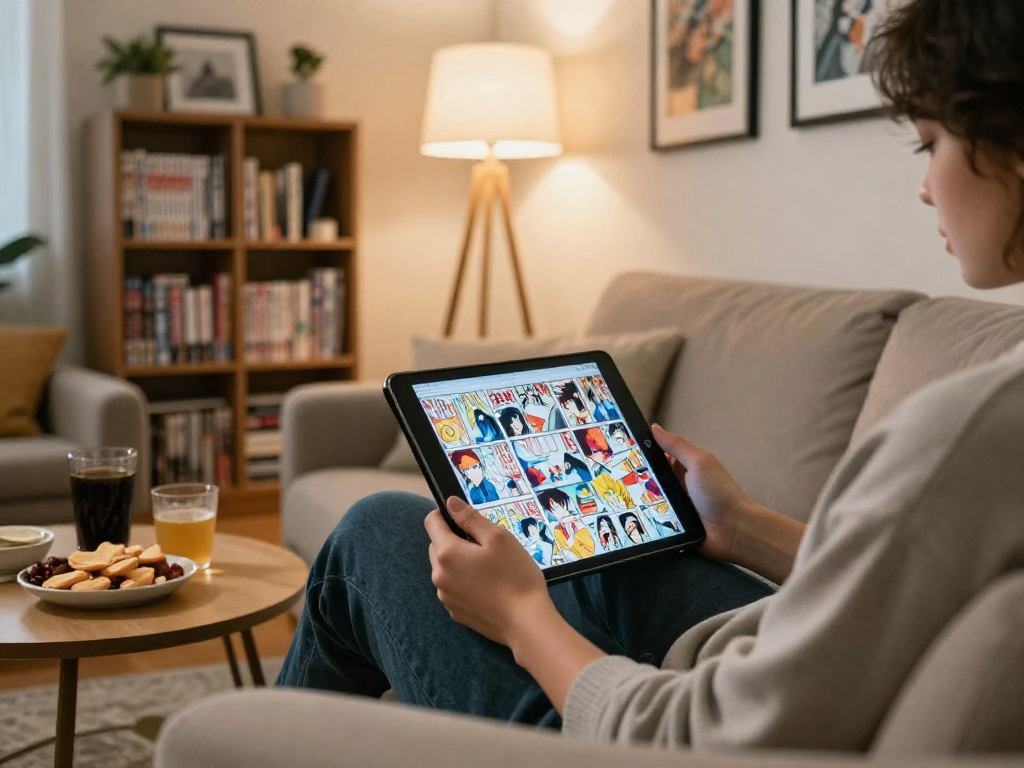Engaging scene of an individual using an online manga reader in a cozy living room, enjoying colorful artwork on a tablet.