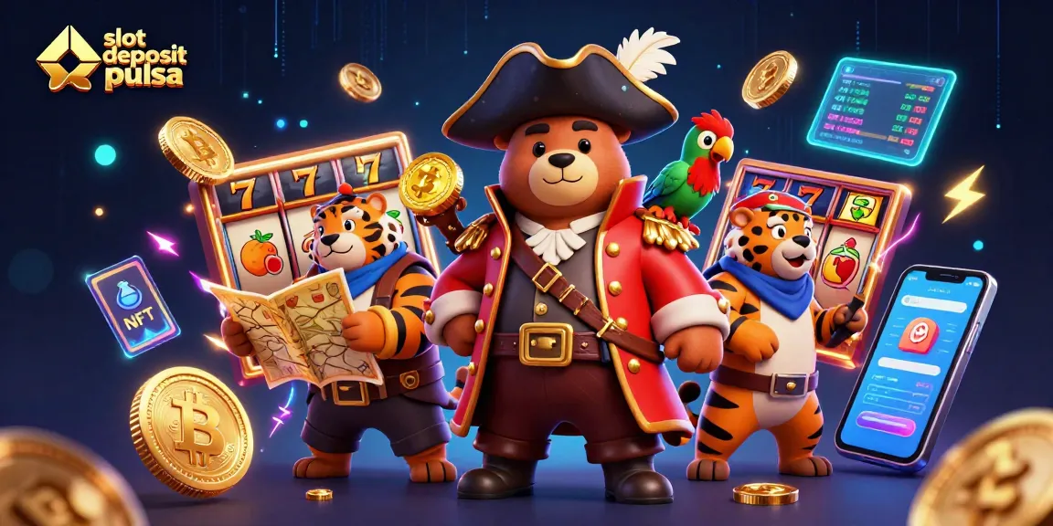 Spin to win with slot deposit pulsa, featuring pirate-themed characters and vibrant gambling elements.