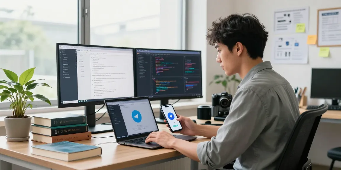 Configuring telegramin-cn.com settings in a modern workspace with tech gadgets and natural light.