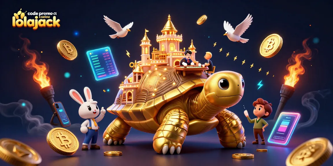 Engage with code promo du casino lolajack through a vibrant illustrated casino scene featuring a tortoise and a rabbit dealer.