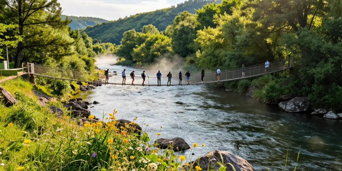 River Rope Bridge spanning a scenic river, hikers enjoying nature.