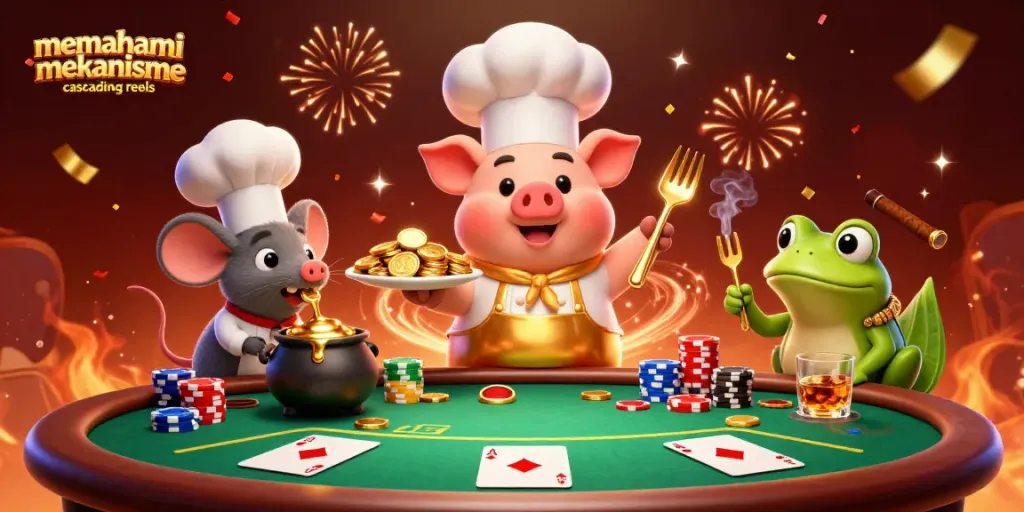Gambarkan memahami mekanisme cascading reels dengan koin emas yang disajikan oleh koki dan karakter kasino warna-warni lainnya.