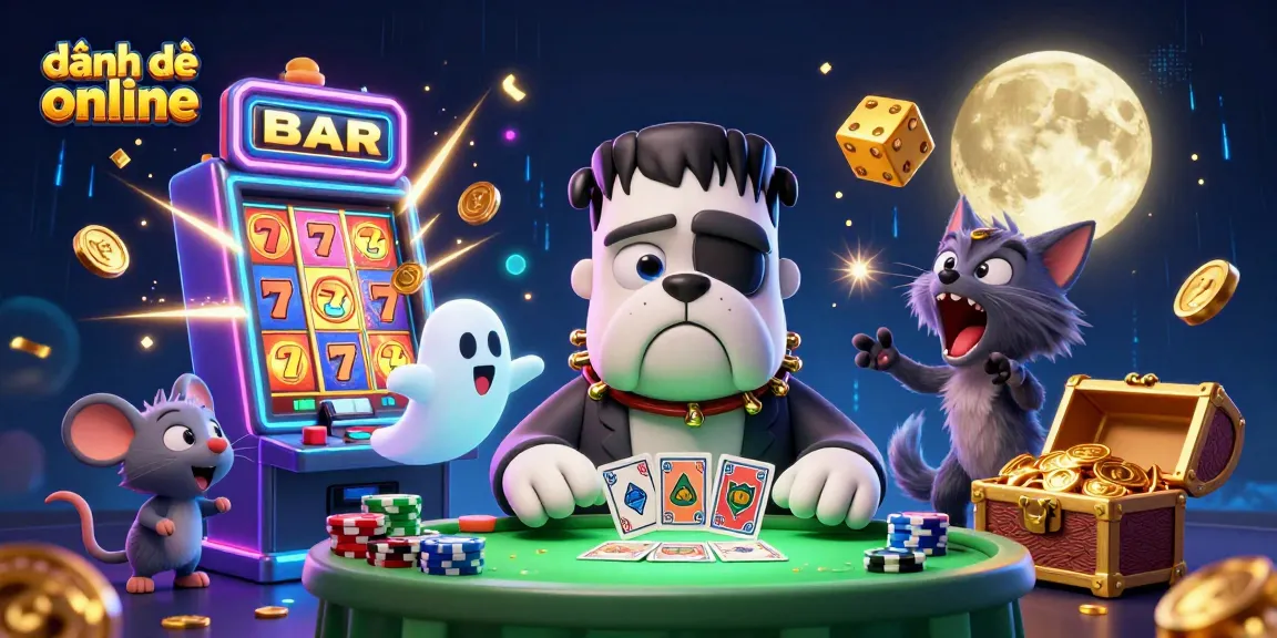A 3D cartoon Frankenstein bulldog monster dealing cards, embodying đánh đề online with immersive casino elements.