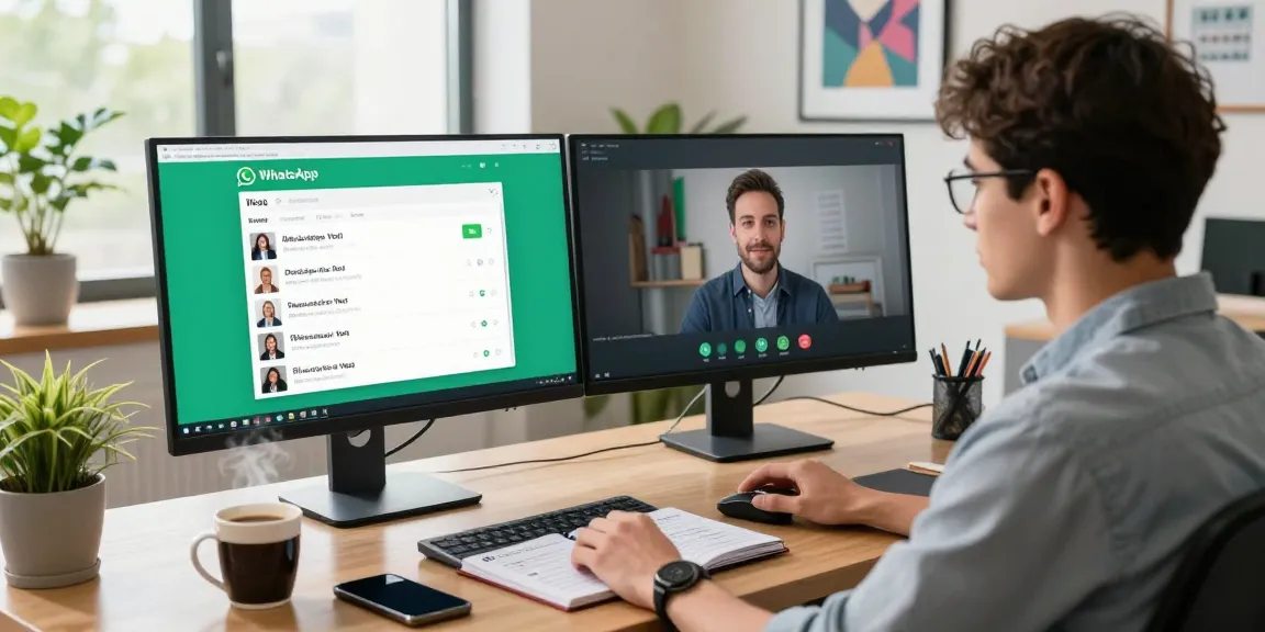 Engaged user on WhatsApp網頁版 in a modern office workspace, showcasing productive communication.