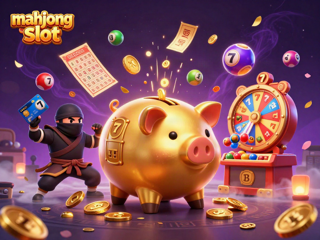 Engage with exciting mahjong slot action in a colorful, dynamic casino scene filled with coins and games.