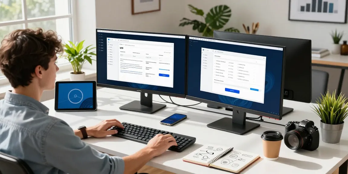快连 user in a modern tech workspace optimizing network performance with dual monitors and productivity tools.