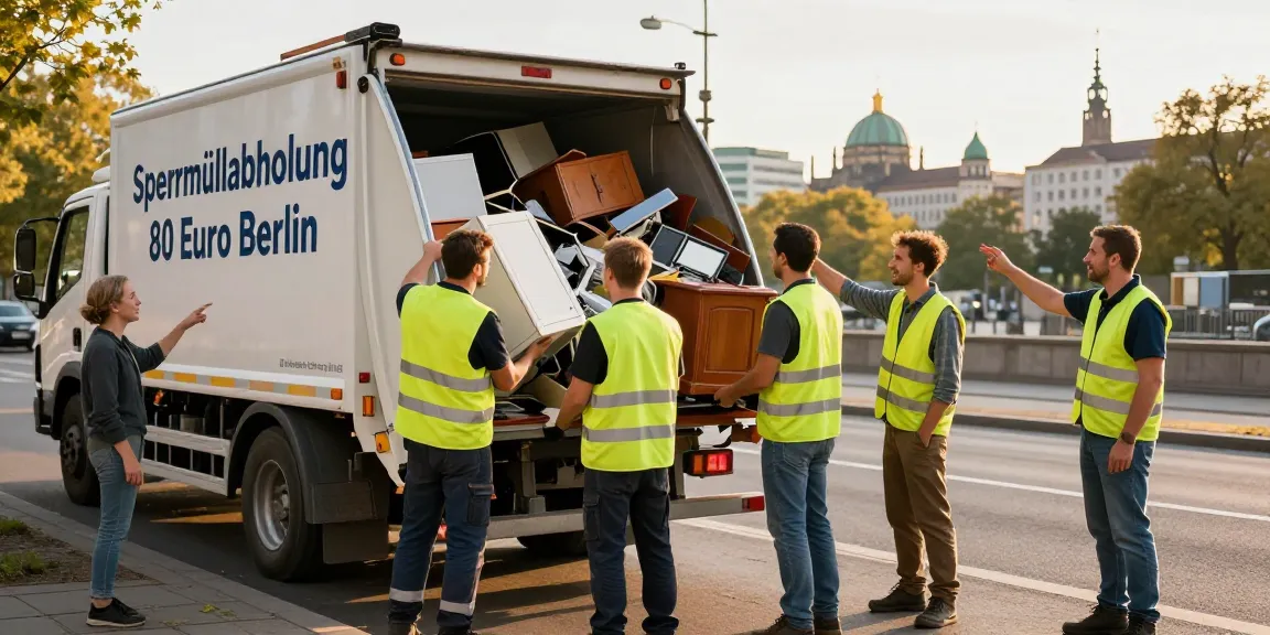 Sperrmüllabholung 80 Euro Berlin service in action, professional team loading diverse waste materials into a truck.