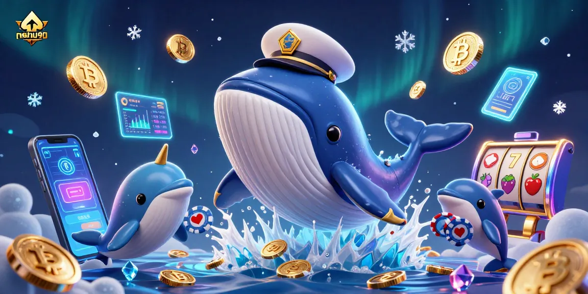 Nohu90 Casino game illustration with a cartoon whale, narwhal, and dolphins among coins and slot symbols.