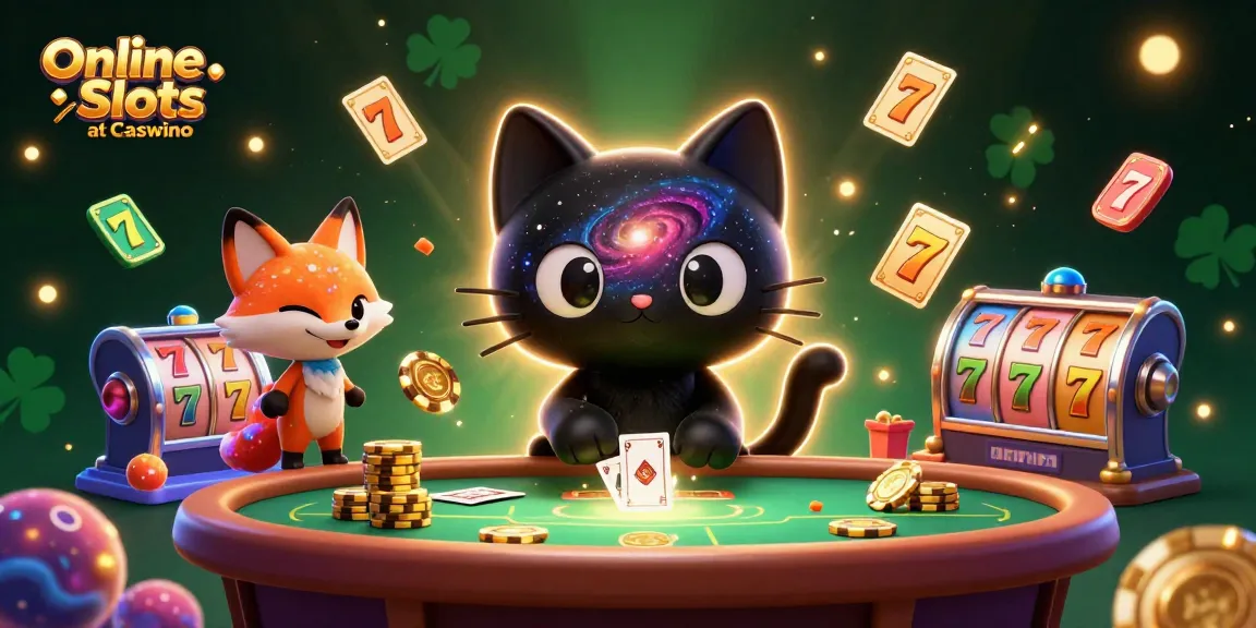 Engage with Online Slots at Caswino featuring dynamic characters, colorful slot elements, and vibrant cosmic casino ambiance.
