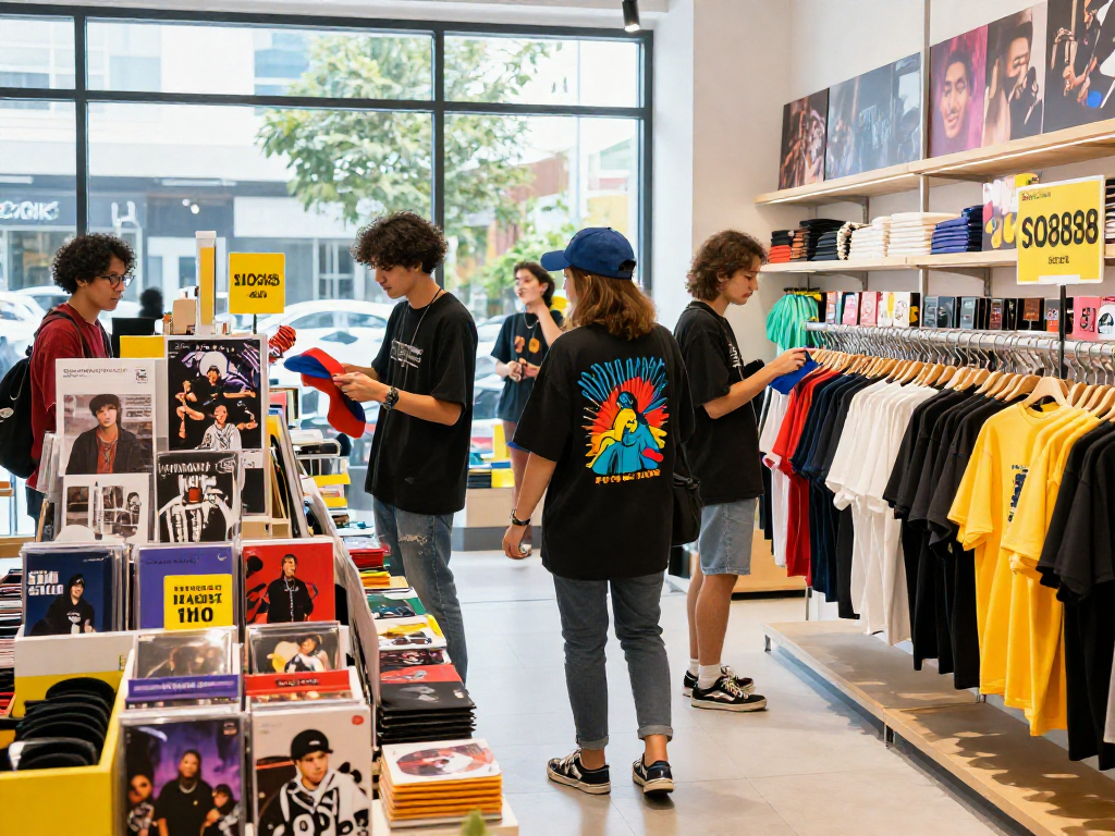 Friends exploring trendy rokok88 music merch in vibrant store.