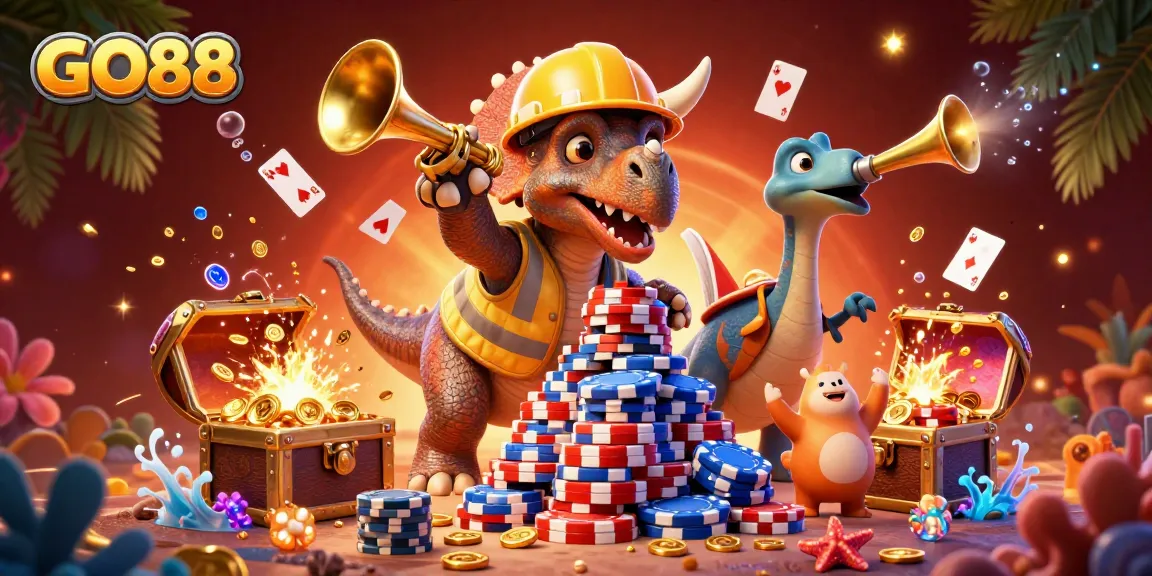 Celebrate with GO88 at this dynamic 3D casino illustration featuring a triceratops and exciting game elements.