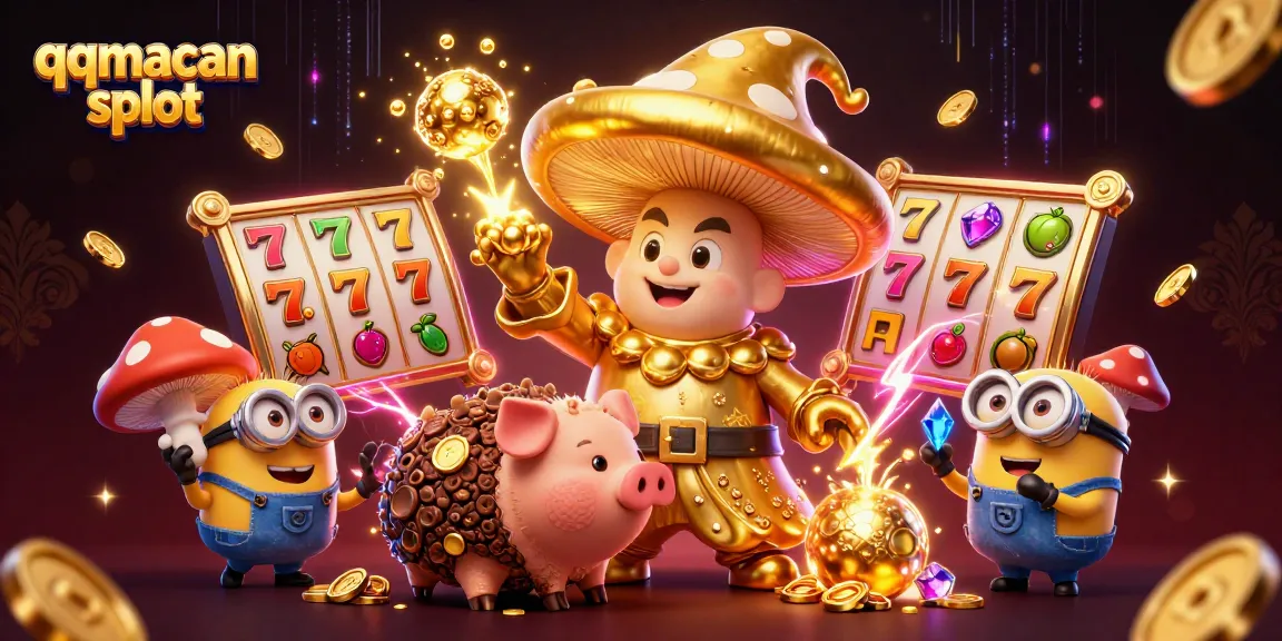 Experience the thrill of qqmacan slot with golden wizard, treasure pig, and slot symbols filling the scene.