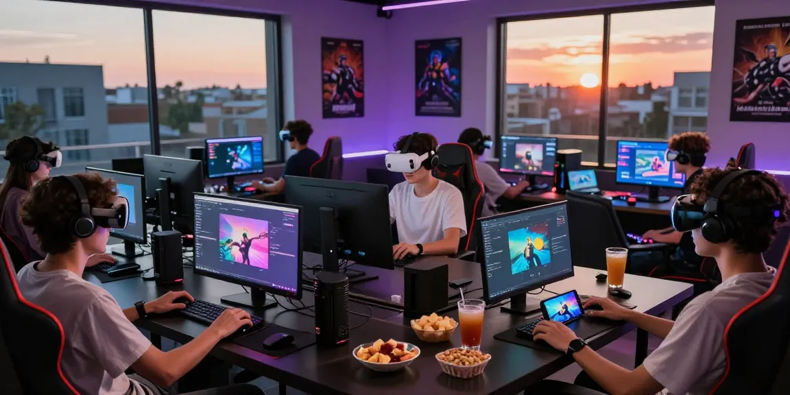 Group of friends enjoying immersive gaming on pakde4d platform in a modern lounge setting.