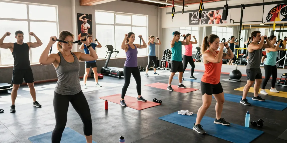 Driada Shop fitness enthusiasts working out in a vibrant gym environment showcasing high-intensity training.