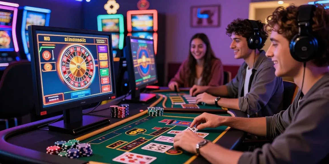Expérience de jeu passionnante de casino en ligne avec des joueurs appréciant des jeux en ligne vibrants, mettant en avant des machines à sous colorées et de la roulette à domicile.