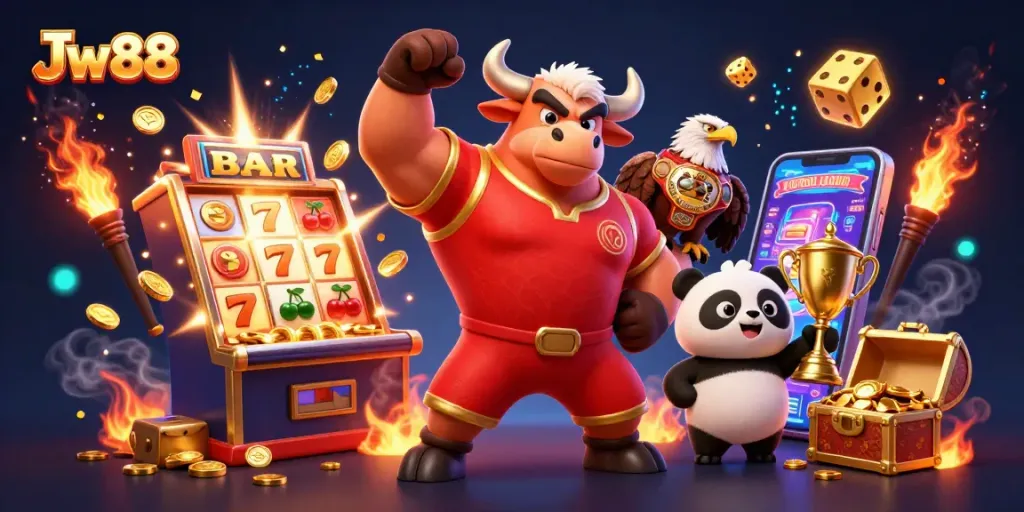 Experience big wins at Jw88 with a vibrant 3D casino scene featuring exciting gaming action.