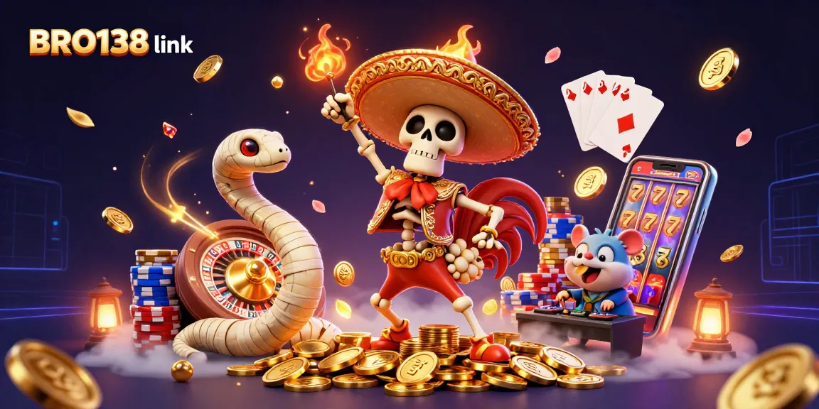 Experience the thrill of winning with BRO138 link on a vibrant digital casino illustration featuring lively characters.