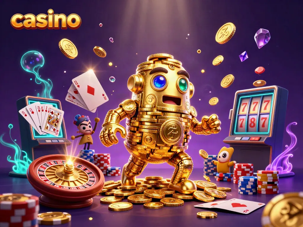 Cascading casino gold coins and gems surround a golden golem in an enchanting illustration.