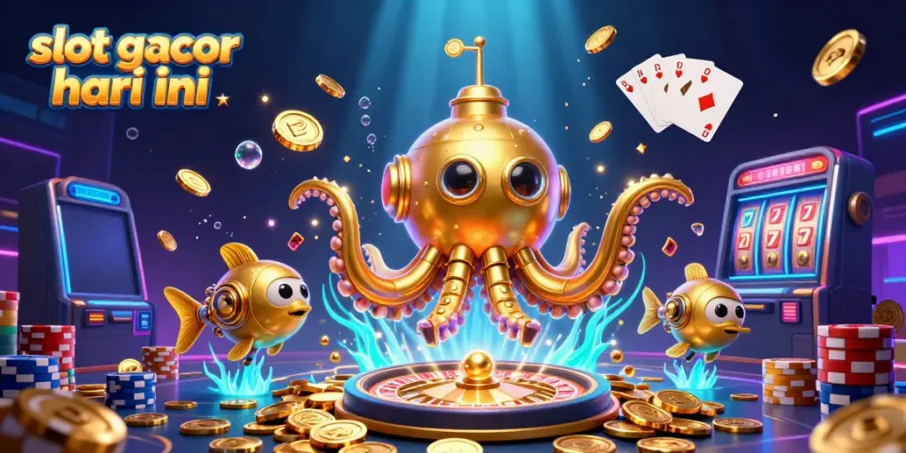 Menangkan slot gacor hari ini dengan kraken golden dan koin emas dalam ilustrasi kasino 3D.
